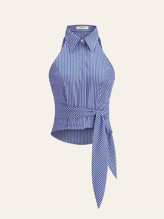 Commense Tops - Striped Tie-Waist Crop Top blue and white
